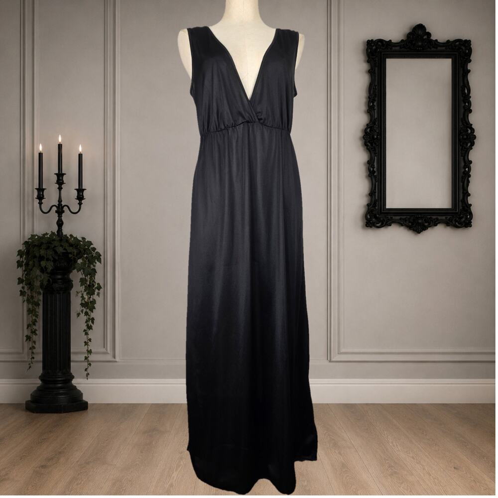Vintage Black Nylon Slip Dress Maxi Goth Minimalist Small Union Made Lingerie